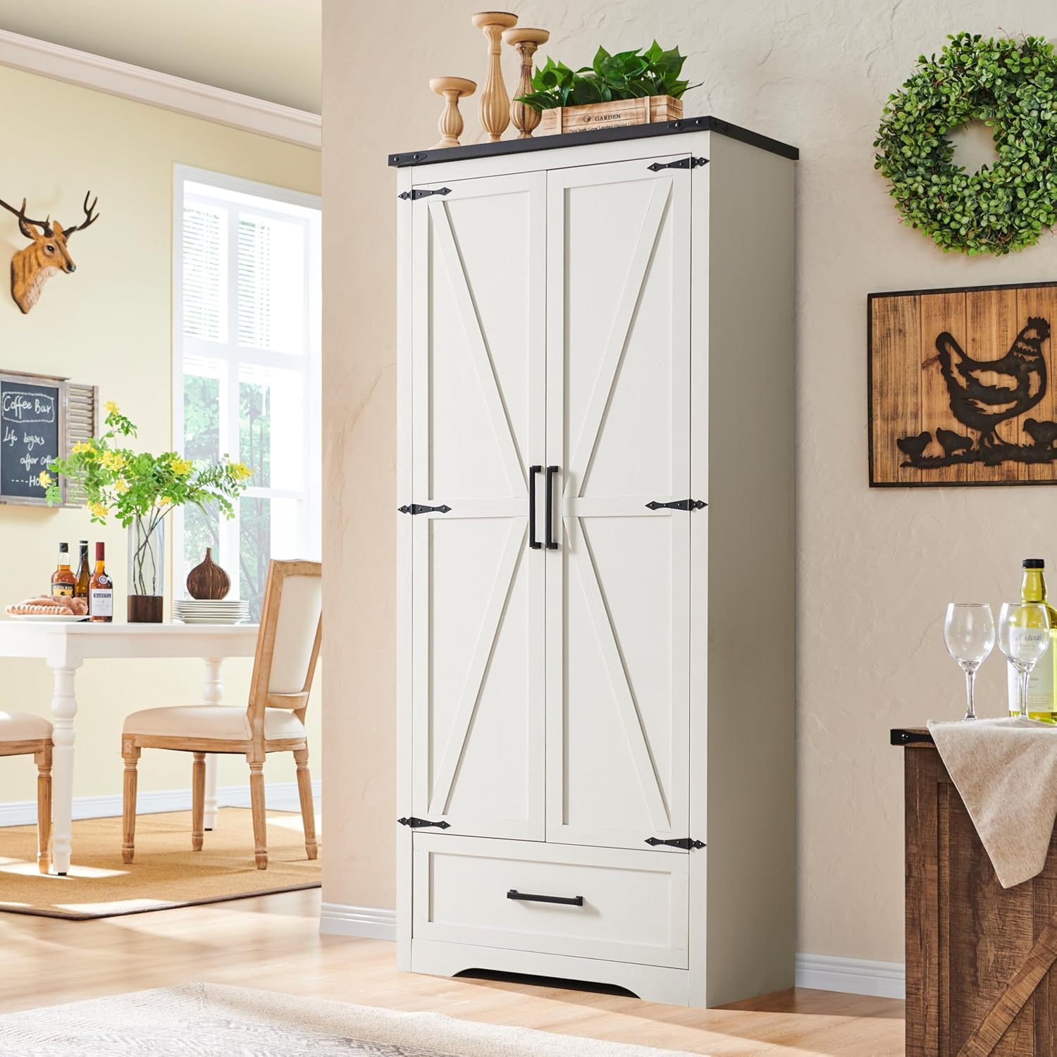 72" Farmhouse Kitchen Pantry Cabinet with Adjustable Shelves and Barn Doors