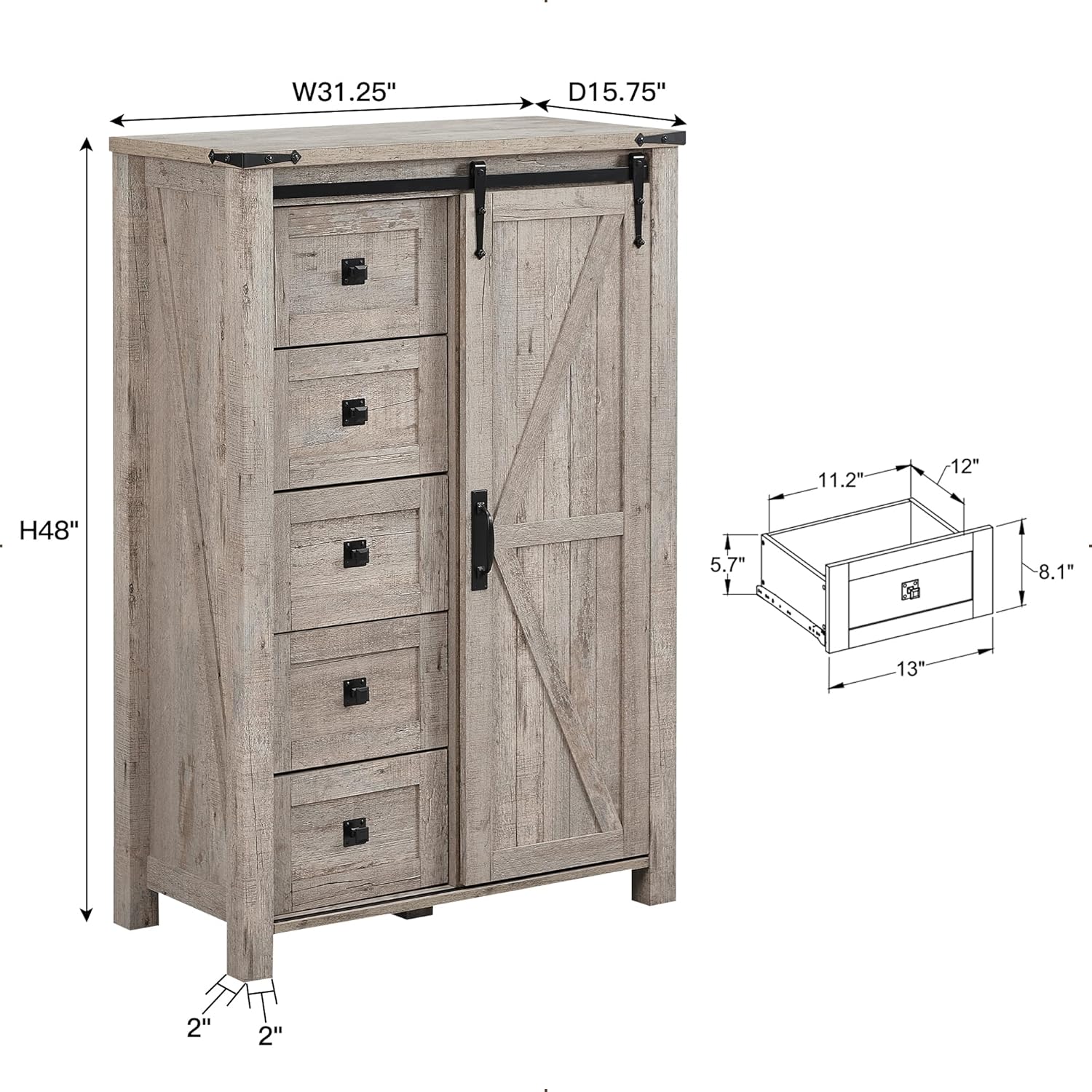 T4TREAM 5 Drawer Farmhouse Dresser with Sliding Barn Door