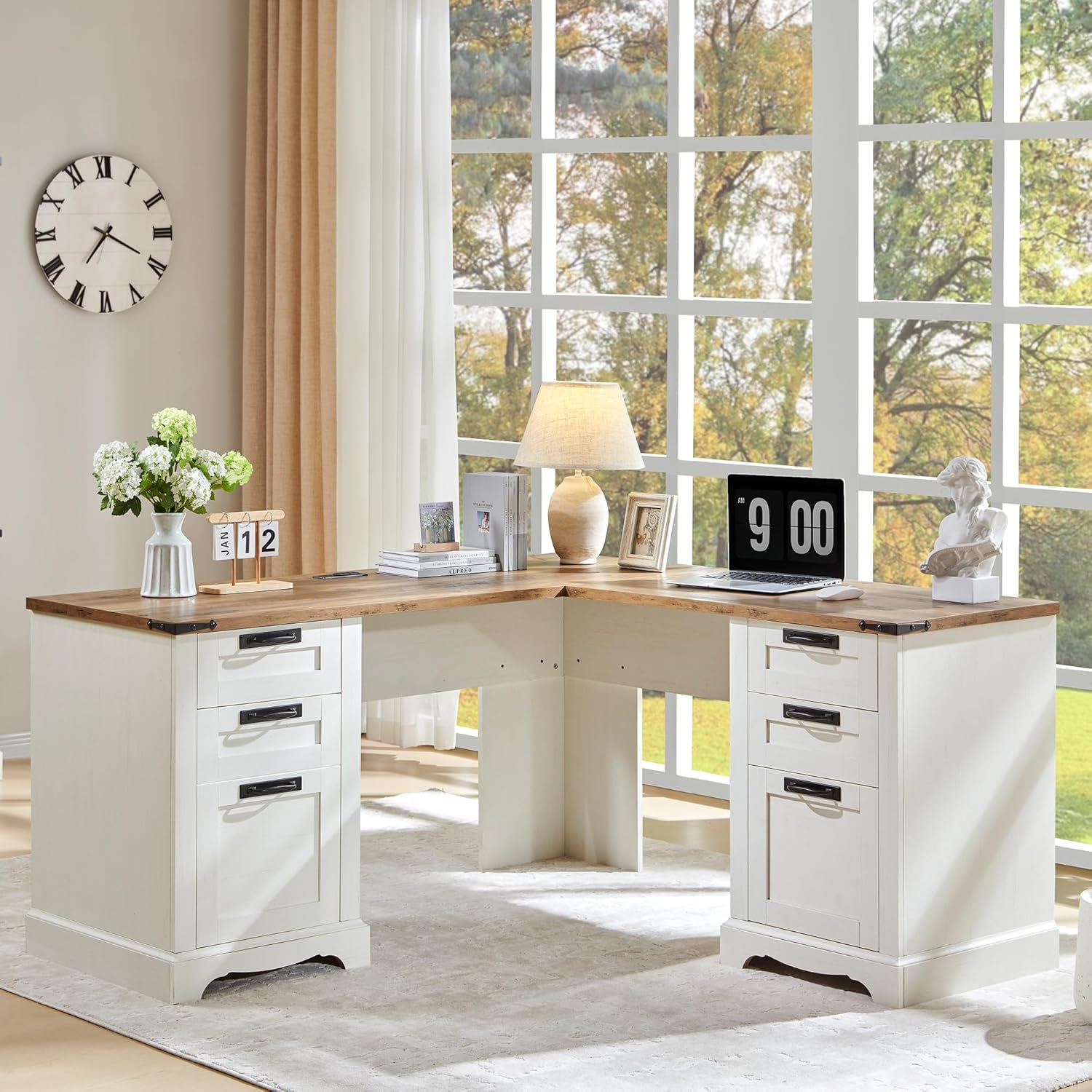 60" Farmhouse L Shaped Desk with Charging Station and Drawers