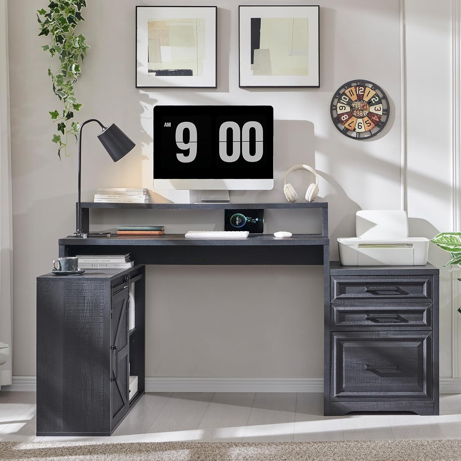 JXQTLINGMU 67 Inch Modern Farmhouse Computer Desk with File Cabinet