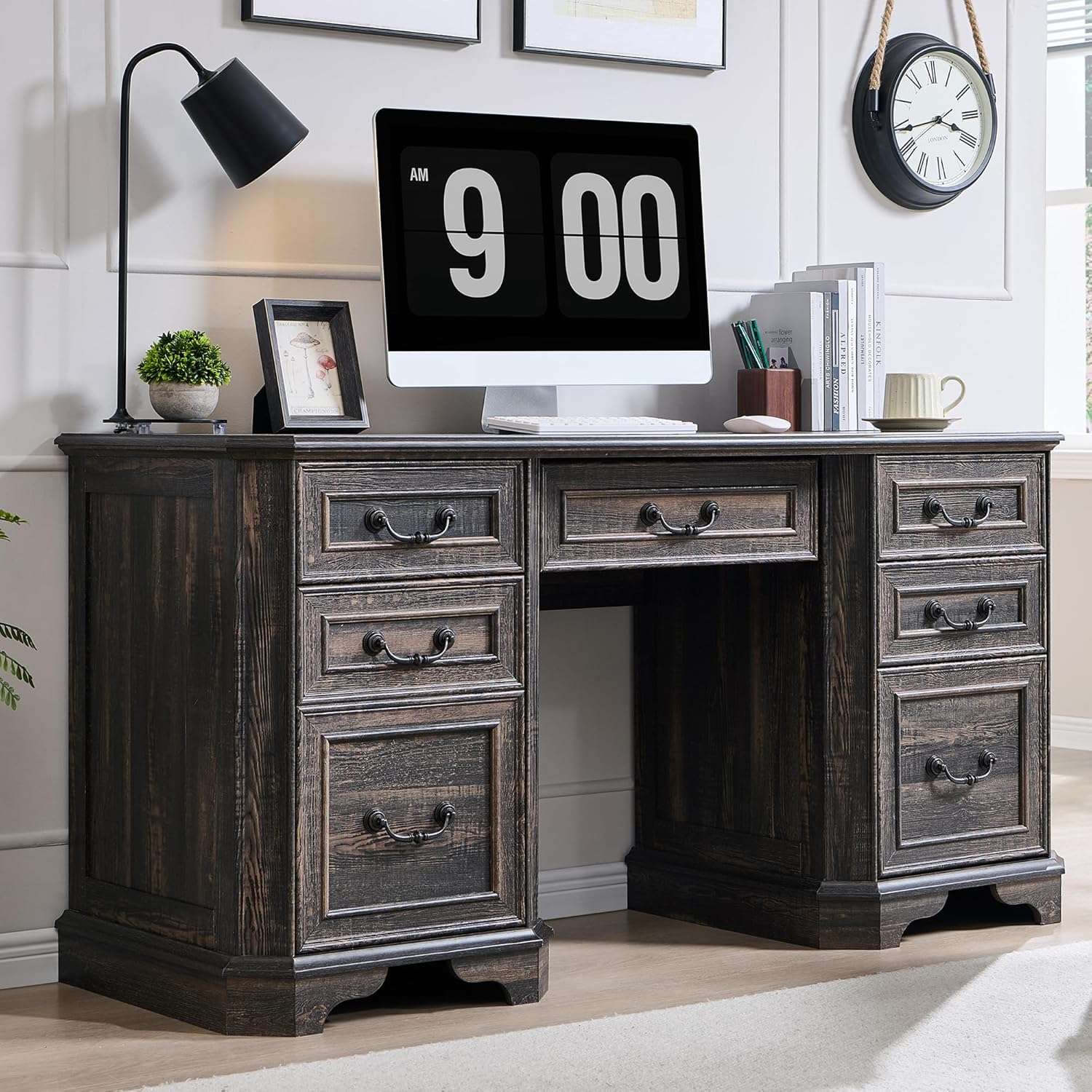 T4TREAM 59" Farmhouse Executive Desk with Drawers & Charging Station