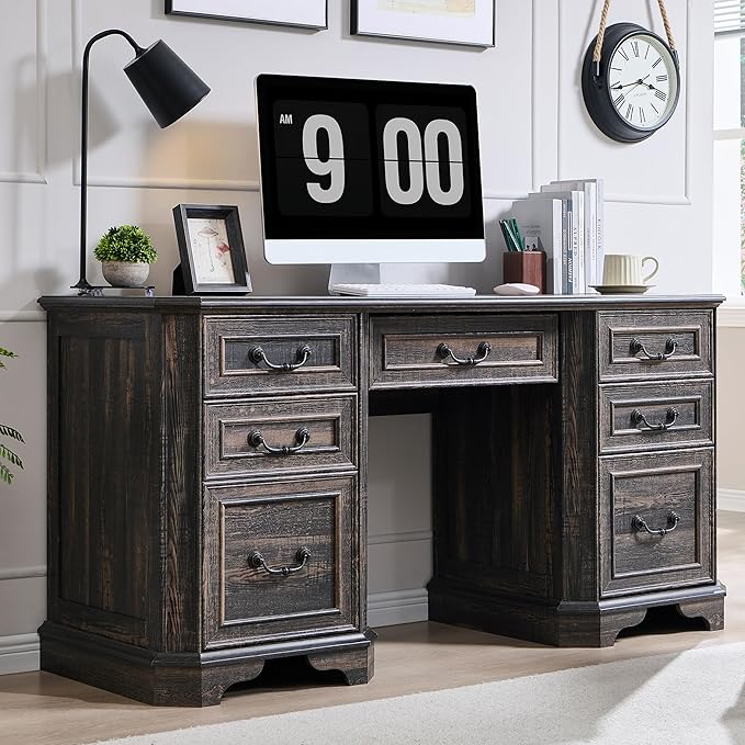 T4TREAM 59" Farmhouse Executive Desk with Drawers & Charging Station