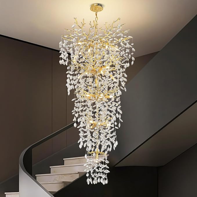 63'' Long Crystal Chandelier for High Ceiling, 28-Light Modern Gold Tree Branch Chandelier, Large Chandeliers for Foyer Entryway Staircase Living Room, 5-Tier Luxury K9 Crystal Raine Light Fixture