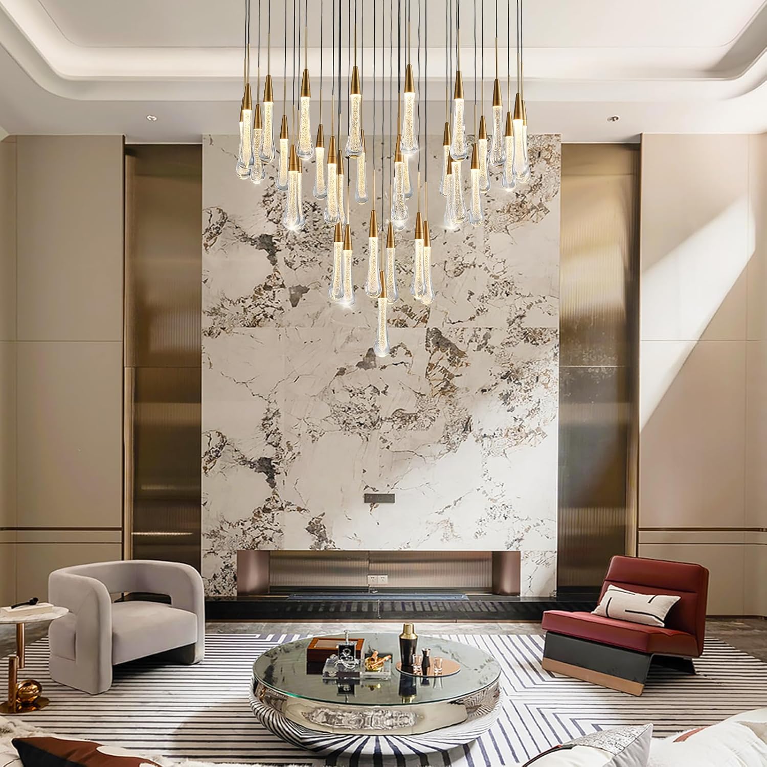 34-Light Gold Chandeliers for High Ceilings, Large Raine Chandelier for Foyer, Entryway, Staircase, Luxury Long Big Hanging Light Fixtures with Glass, Brass Pendant Light Fixtures Living Room
