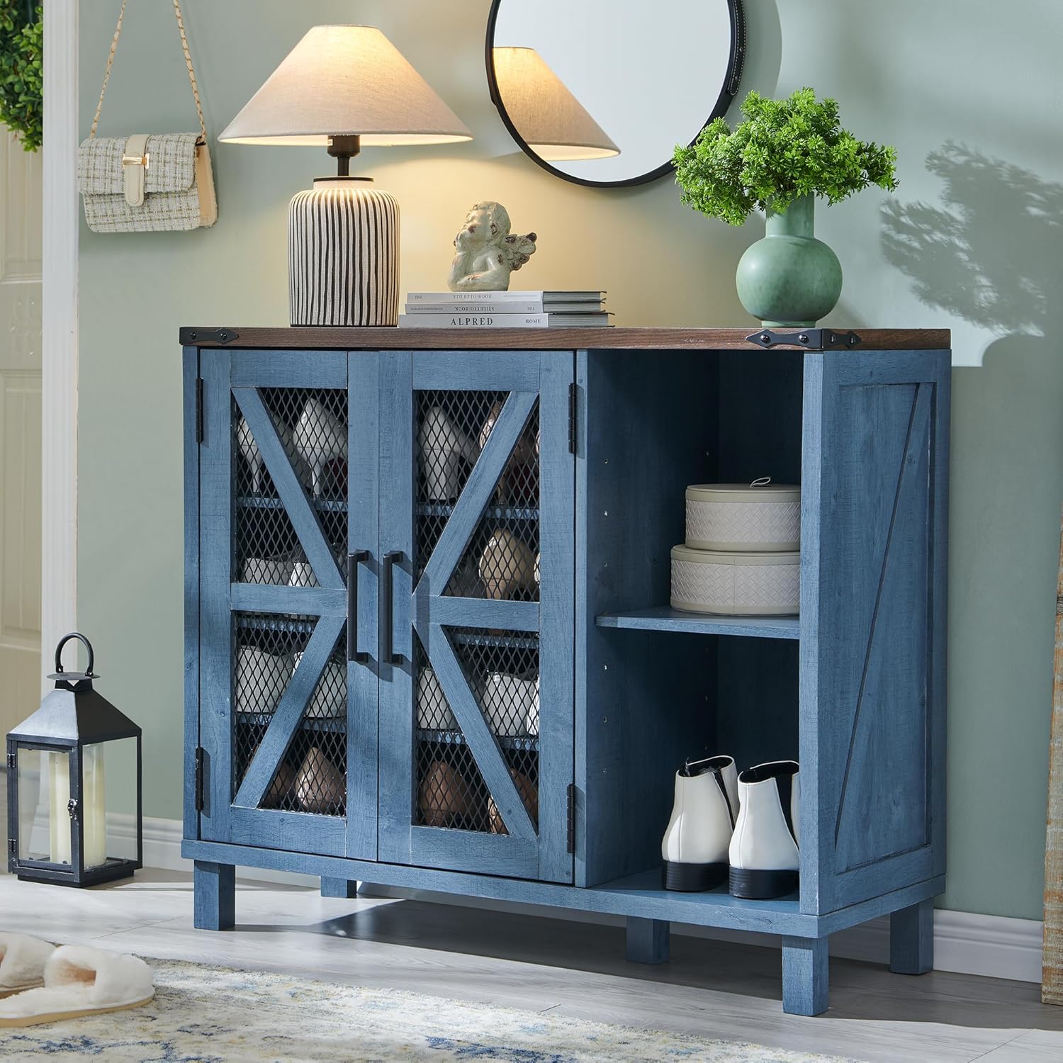 38" Wide Farmhouse Shoe Cabinet with Mesh Doors and Shelves