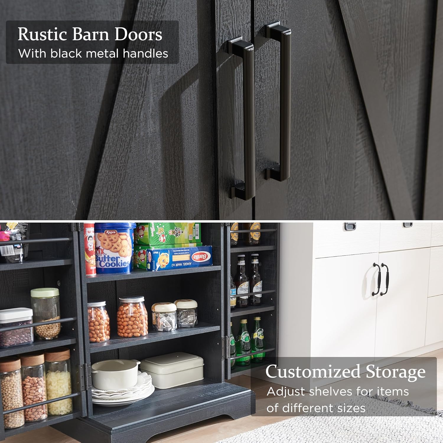 JXQTLINGMU 47" Wooden Storage Cabinet Farmhouse Pantry Organizer Black