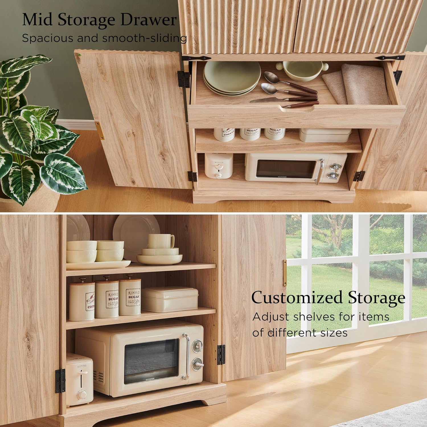 72" Fluted Natural Oak Pantry Cabinet | 4 Doors & Shelves