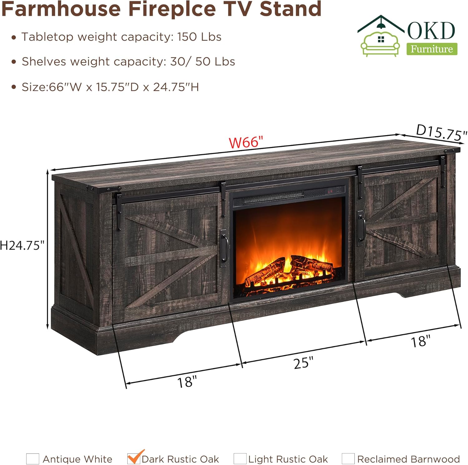 OKD 66 Inch Farmhouse Fireplace TV Stand for 75 Inch TV