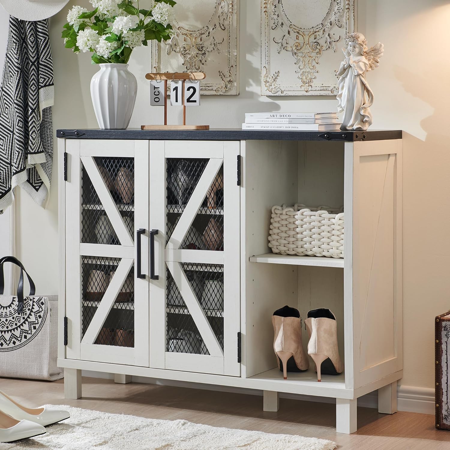 38" Wide Farmhouse Shoe Cabinet with Mesh Doors and Shelves