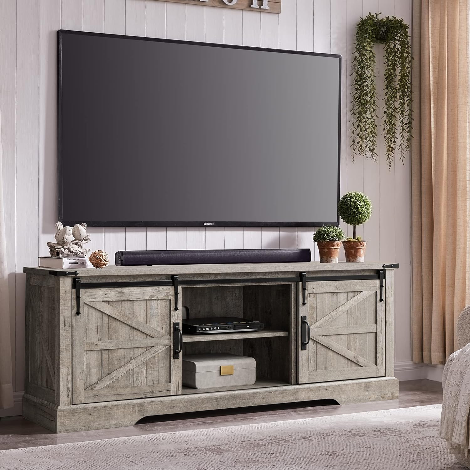 66" Farmhouse Entertainment Center with Sliding Barn Door for 75" TV
