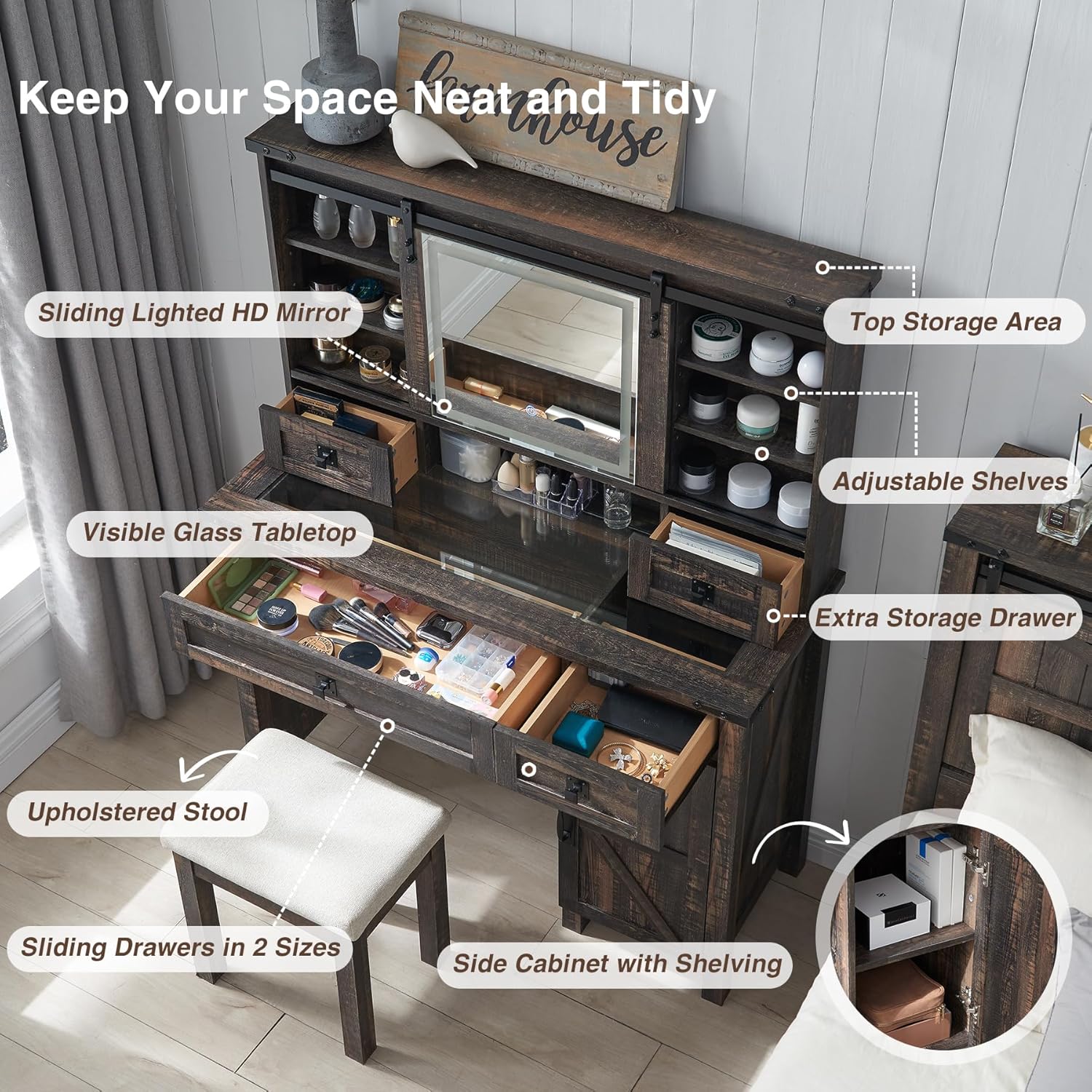 Farmhouse Makeup Vanity Desk with Sliding Mirror and Lights, Rustic Oak