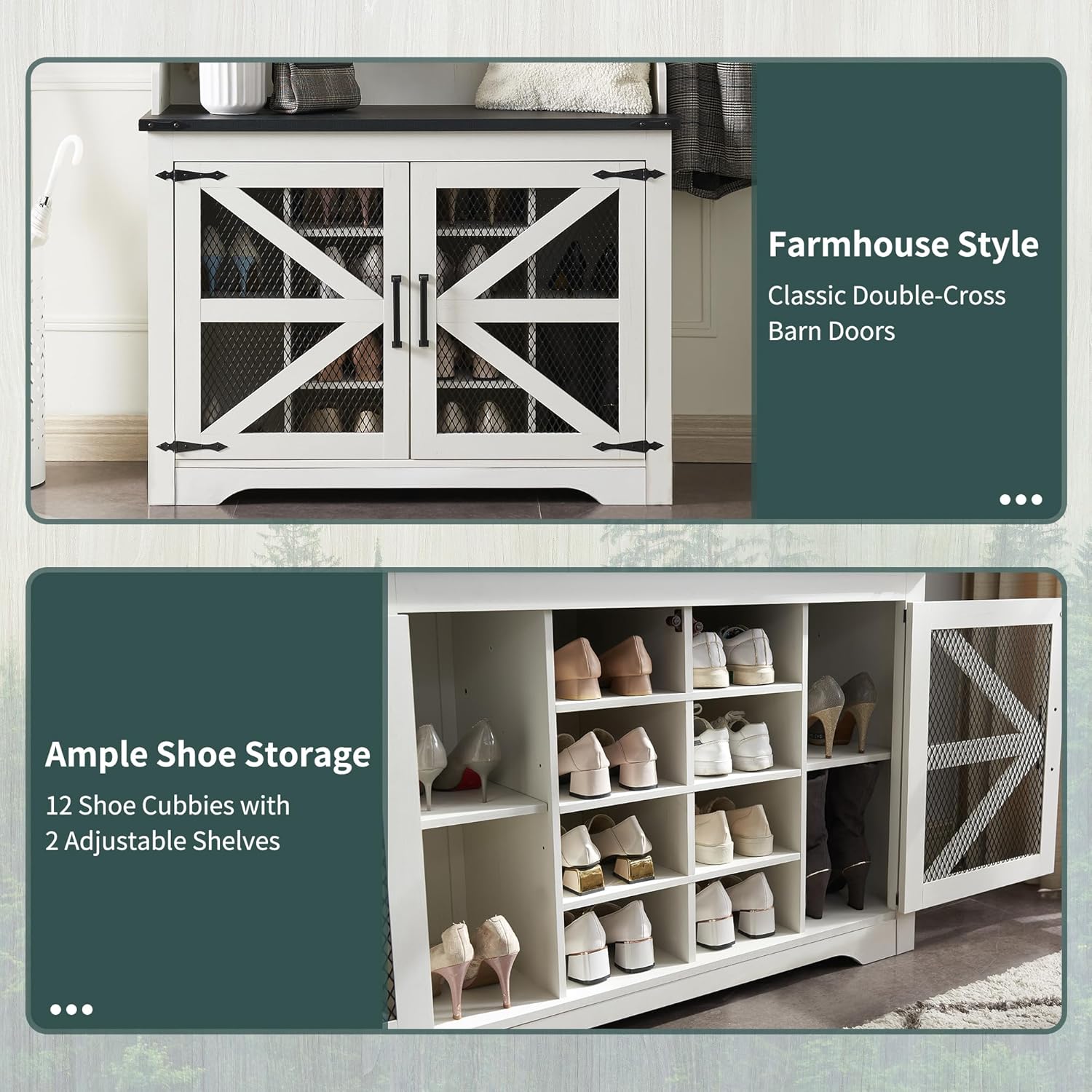42" Farmhouse Hall Tree with Shoe Storage, 12 Cubbies Bench