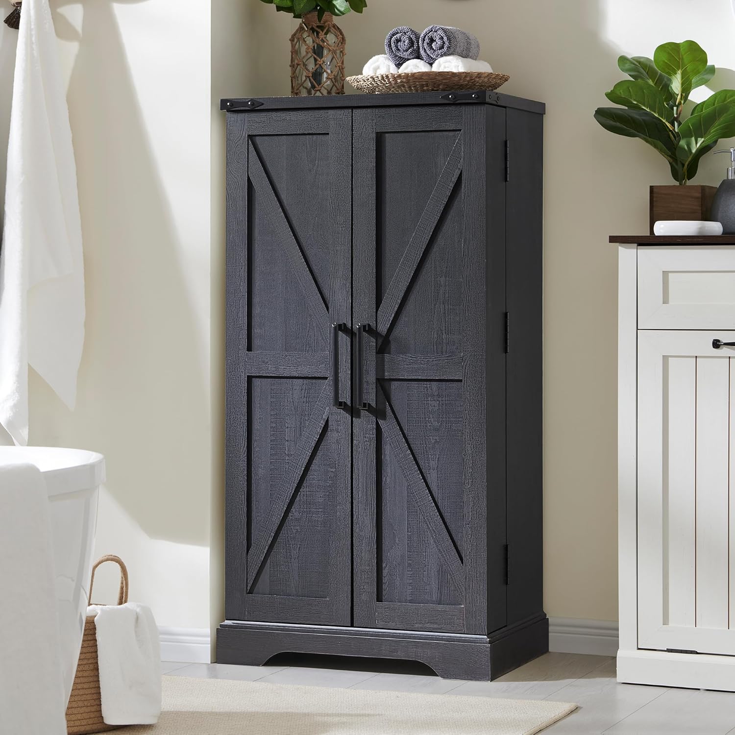 JXQTLINGMU 47" Wooden Storage Cabinet Farmhouse Pantry Organizer Black