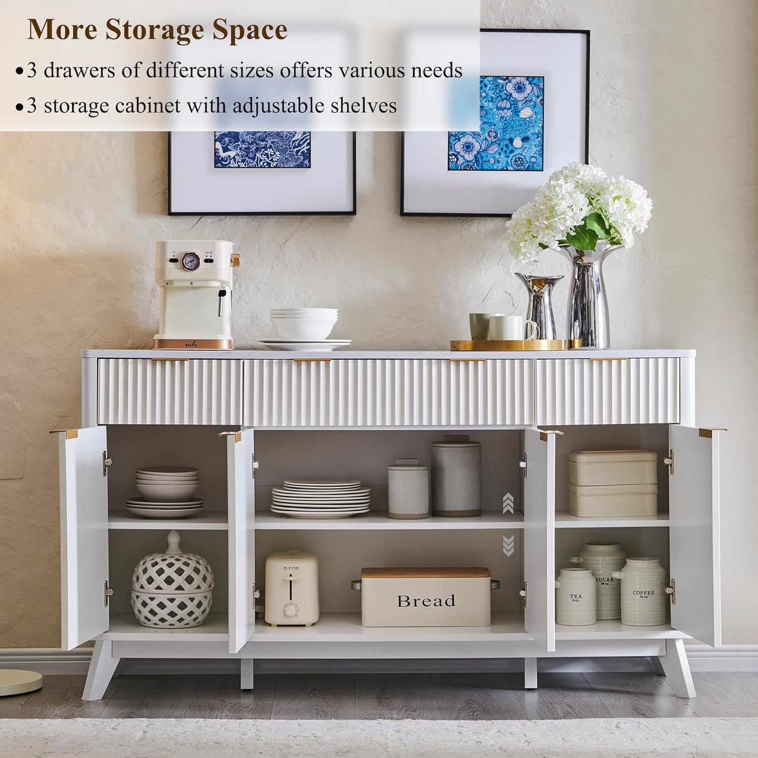 OKD 60" White Fluted Buffet Sideboard Cabinet with Storage