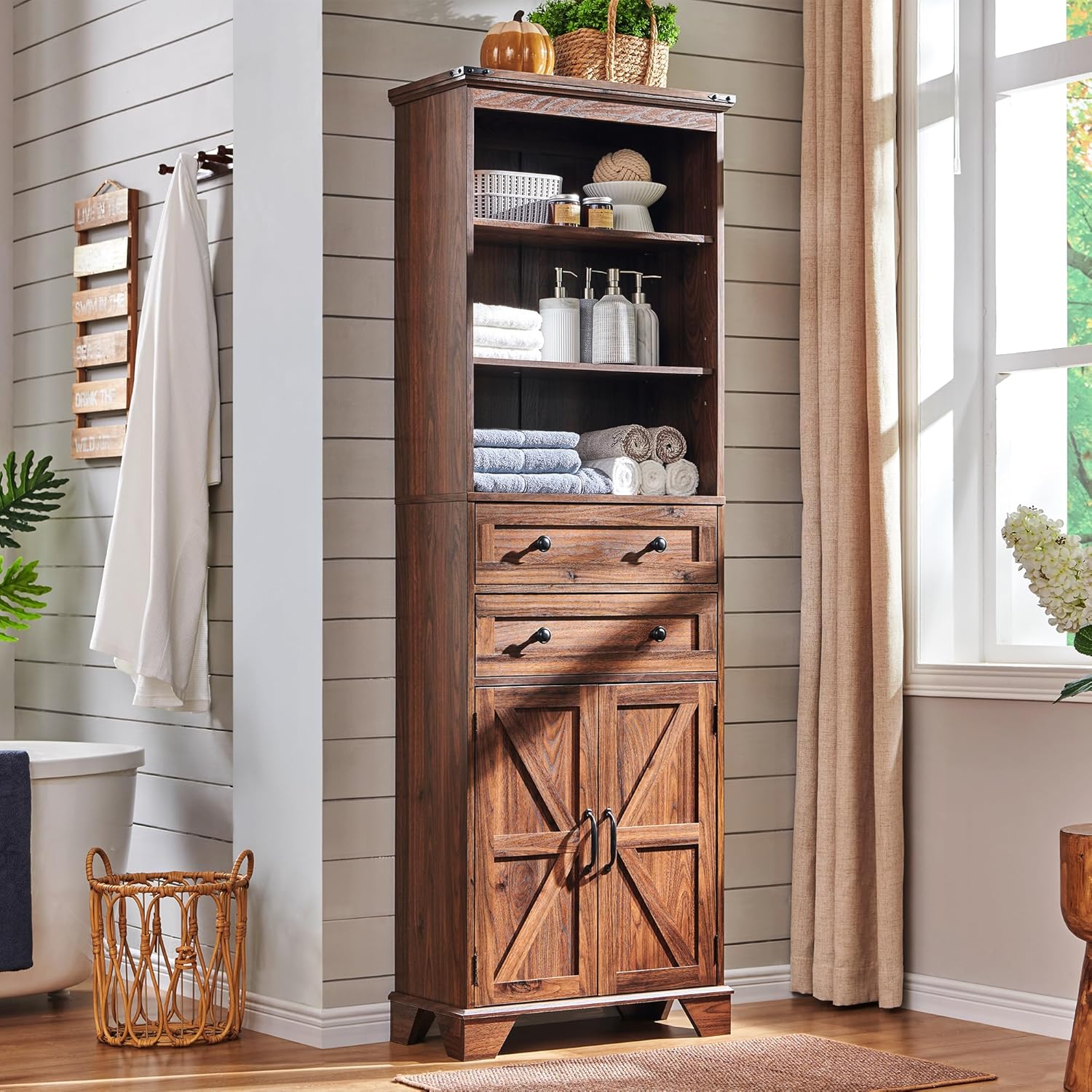 72" Tall Farmhouse Bathroom Storage Cabinet with Adjustable Shelves and Barn Door