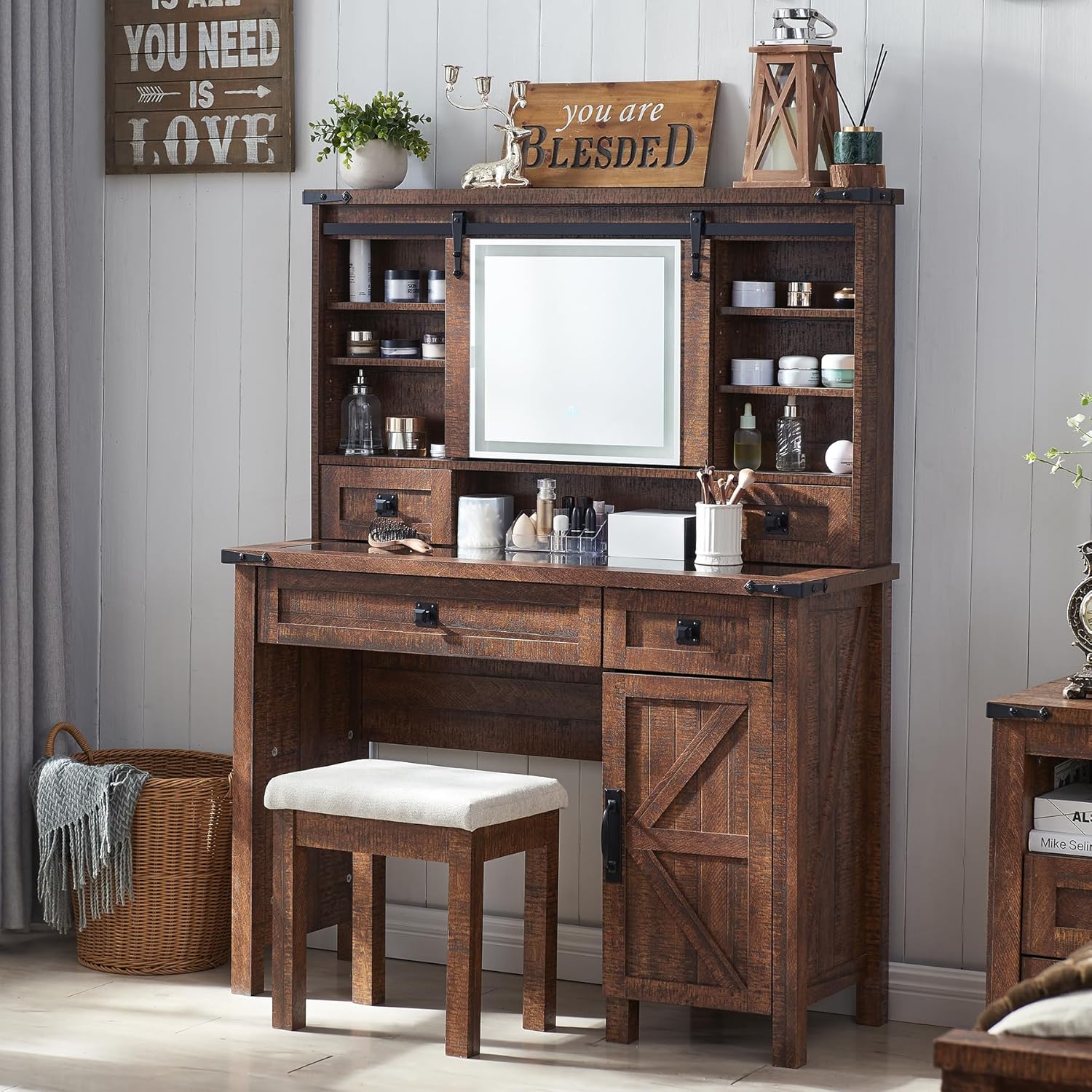 Farmhouse Makeup Vanity Desk with Sliding Mirror and Lights