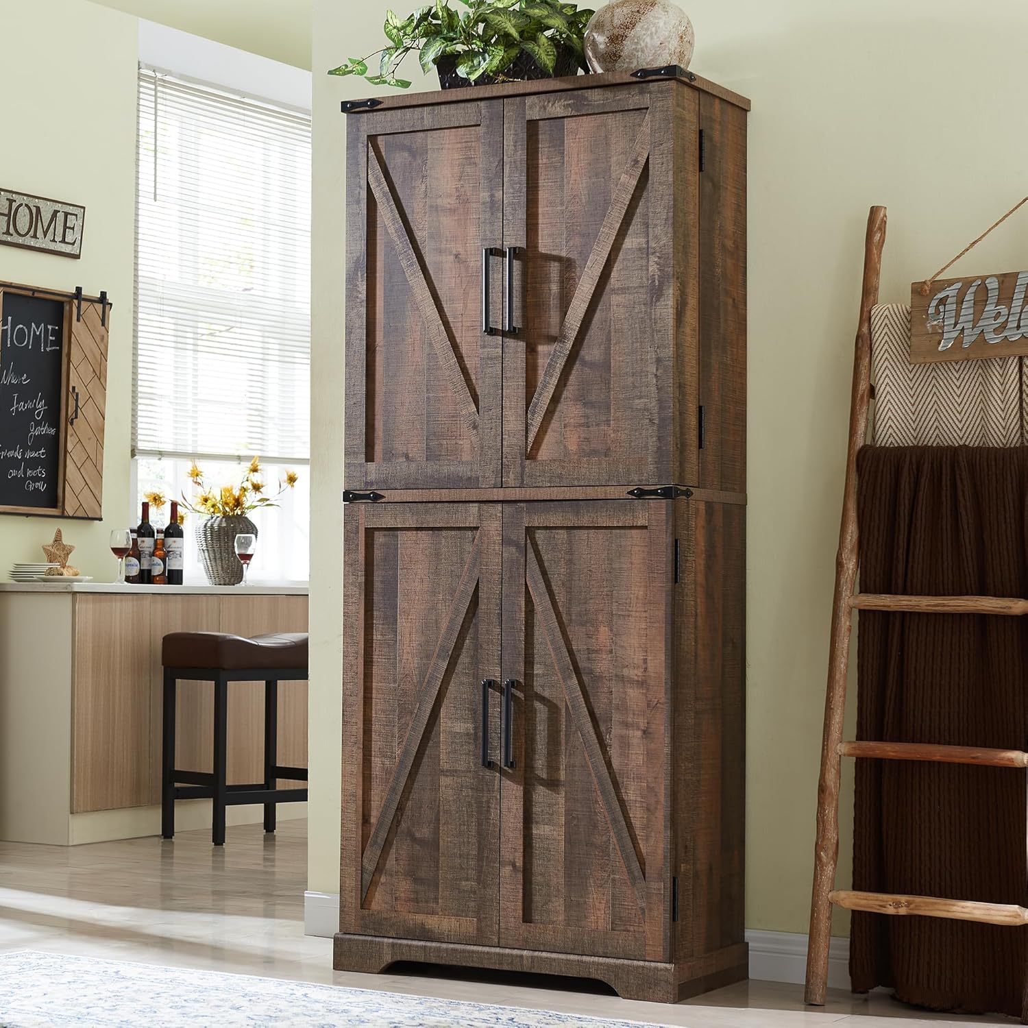 72" Farmhouse Kitchen Pantry Storage Cabinet with Barn Door and Shelves