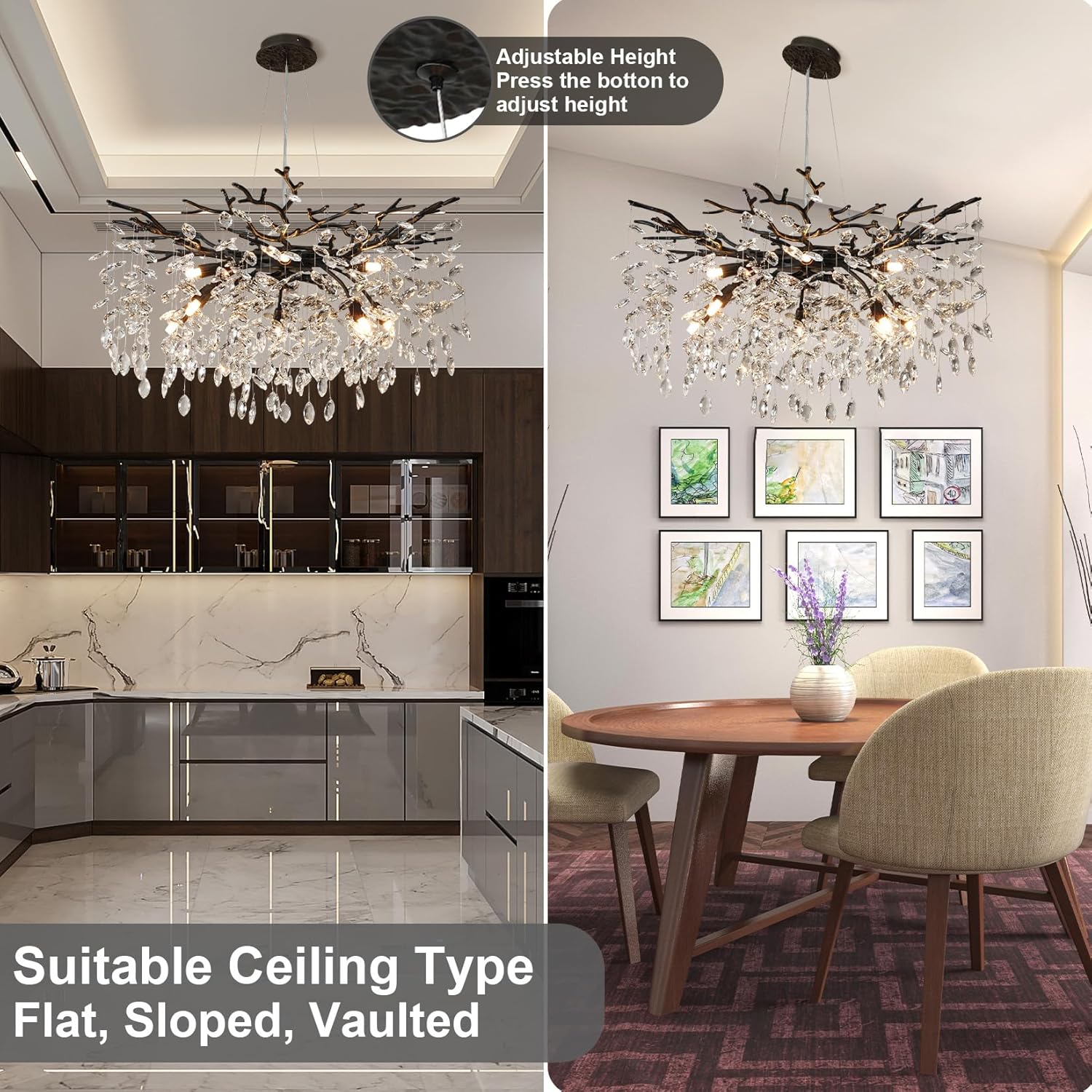 30" Black Crystal Chandelier, 10-Light Tree Branch Chandelier for Dining Room, Luxury Round K9 Crystal Raine Chandeliers Light Fixture for Living Room Foyer Entryway Bedroom Kitchen
