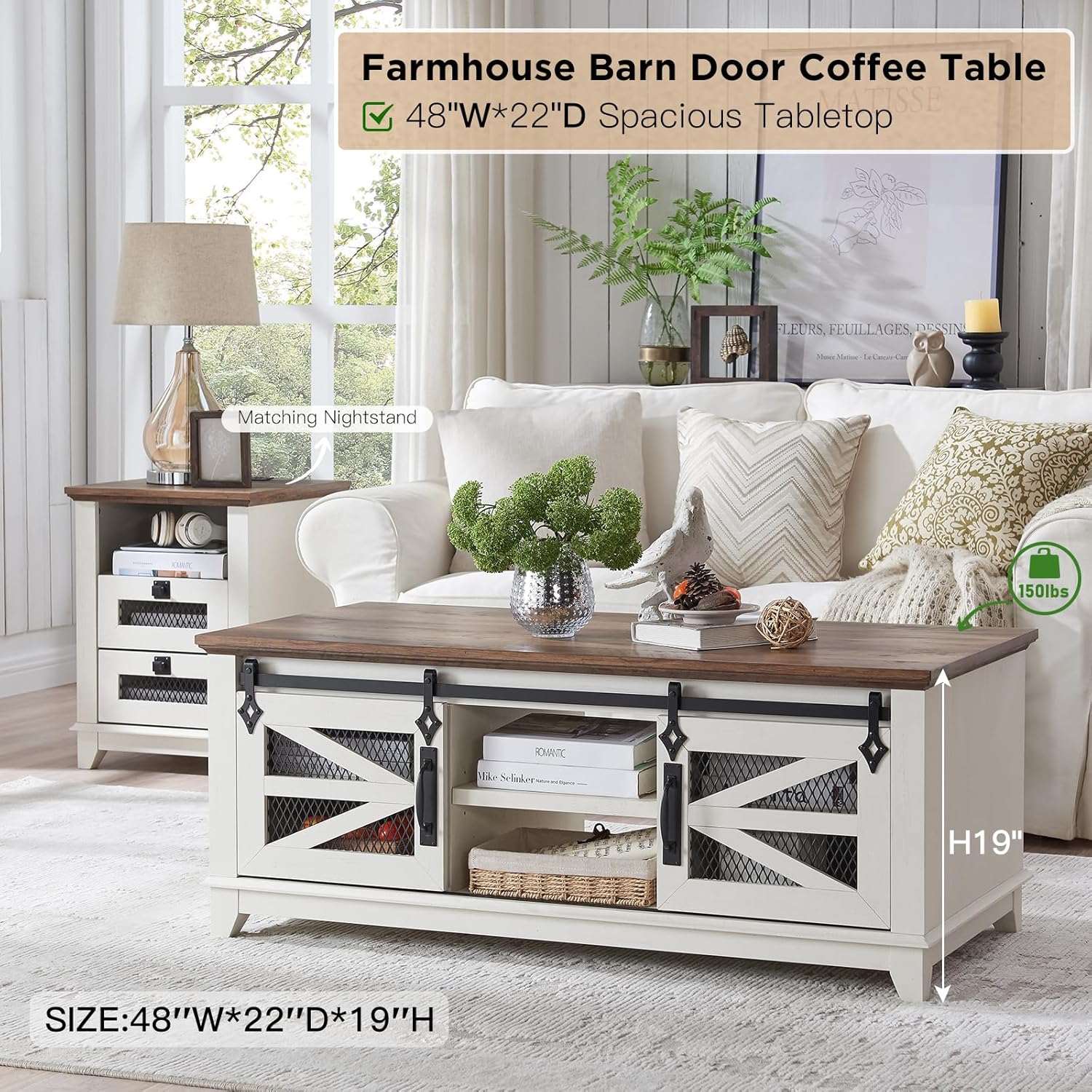 OKD 48'' Farmhouse Coffee Table with Storage and Sliding Barn Doors