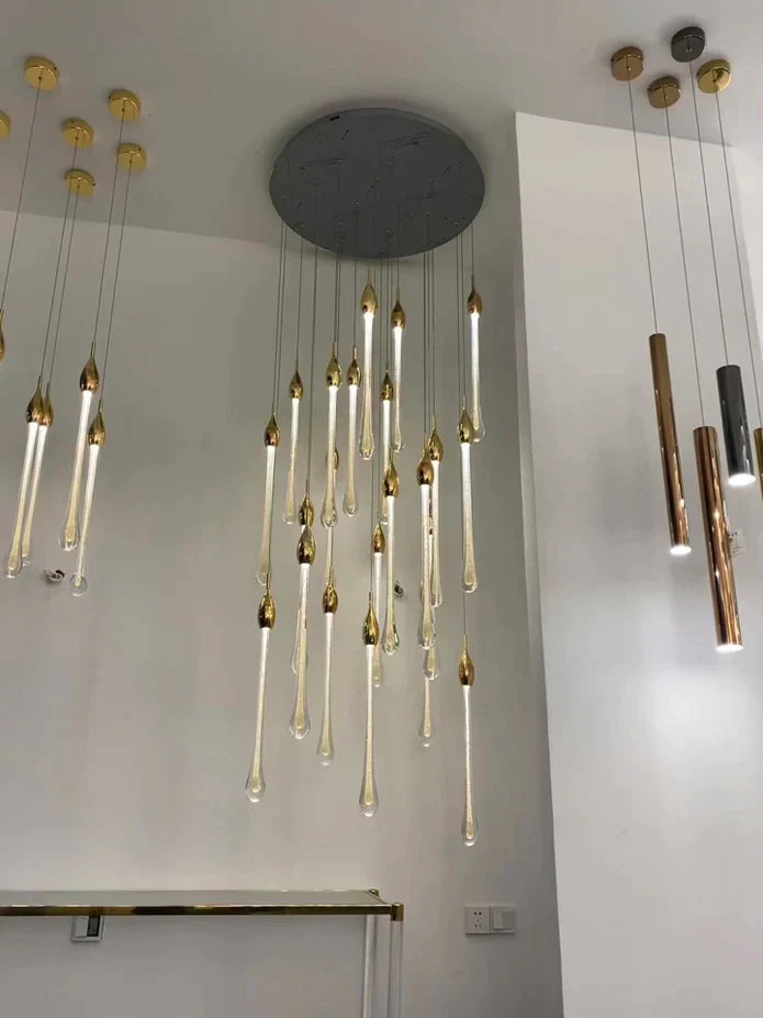 Modern Long Gold Glass Rain Rod Pendant Light for Staircase/High-ceiling room