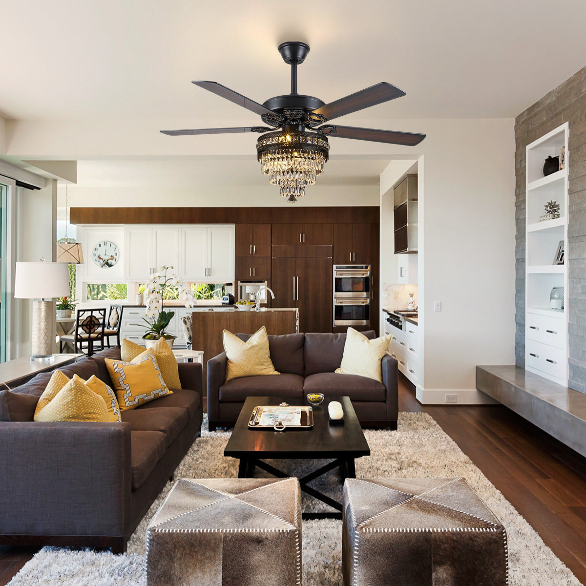 Noiseless Crystal Ceiling Fan Fandelier with Lights 52"