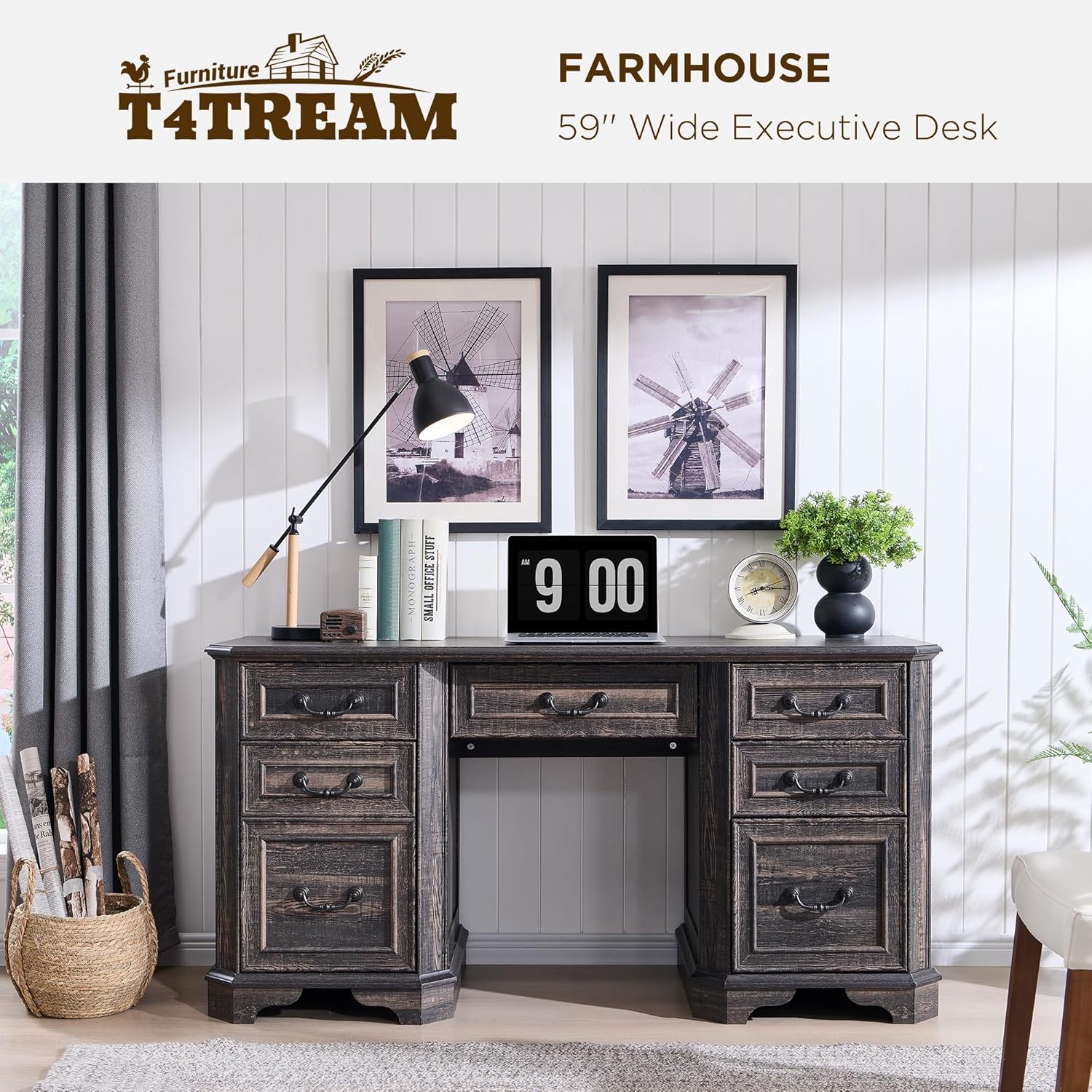 T4TREAM 59" Farmhouse Executive Desk with Drawers & Charging Station