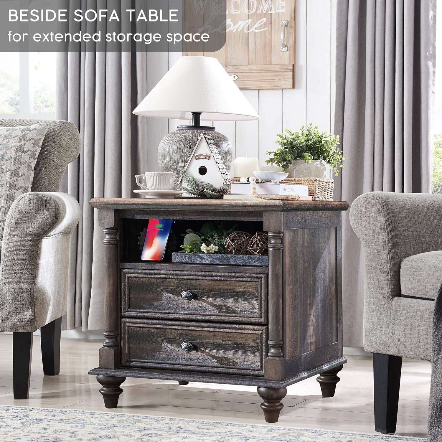 Farmhouse End Table with Charging Station & Solid Wood Feet