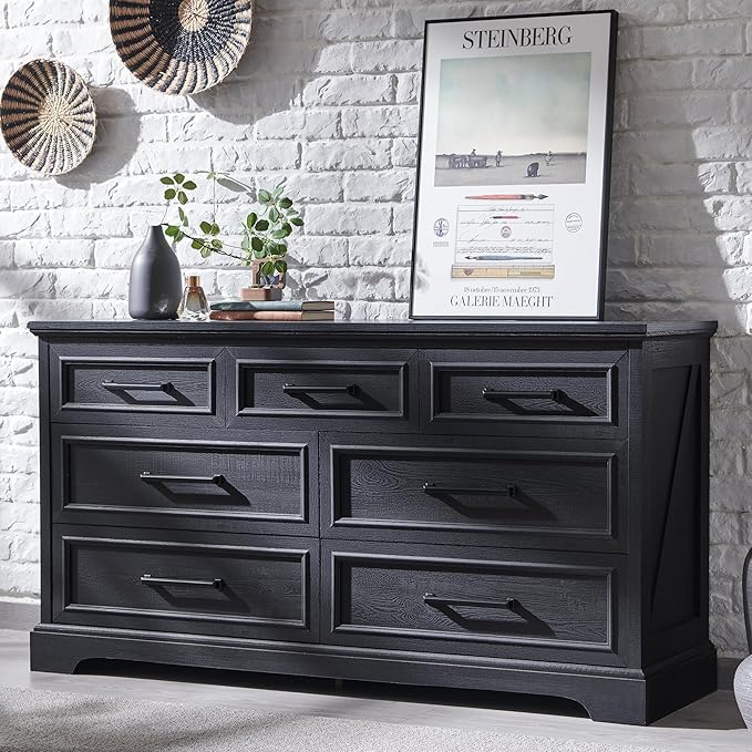 52" Wide Farmhouse 7-Drawer Dresser | Black Chest of Drawers