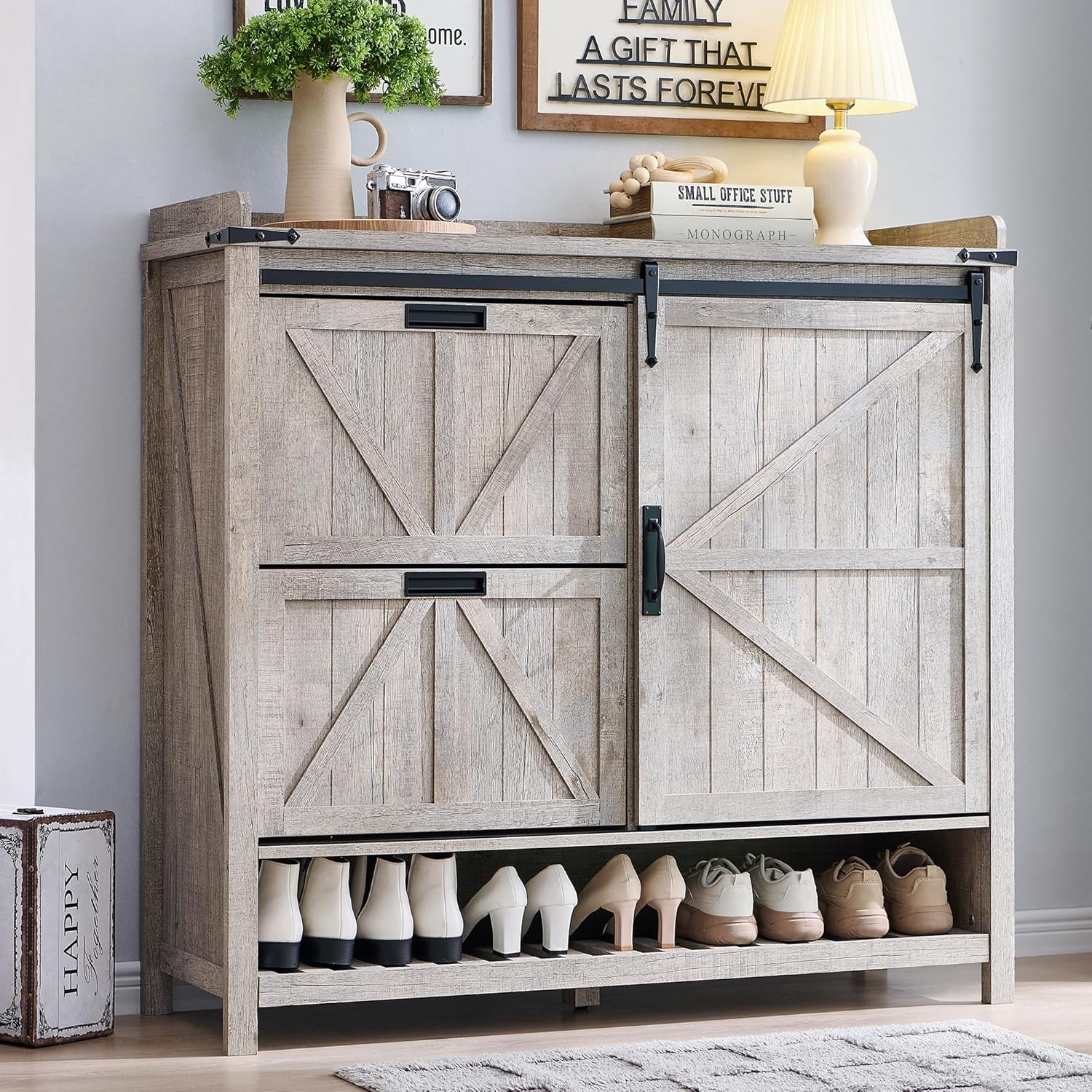 Farmhouse Shoe Storage Cabinet - 2 Flip Drawers and Sliding Door