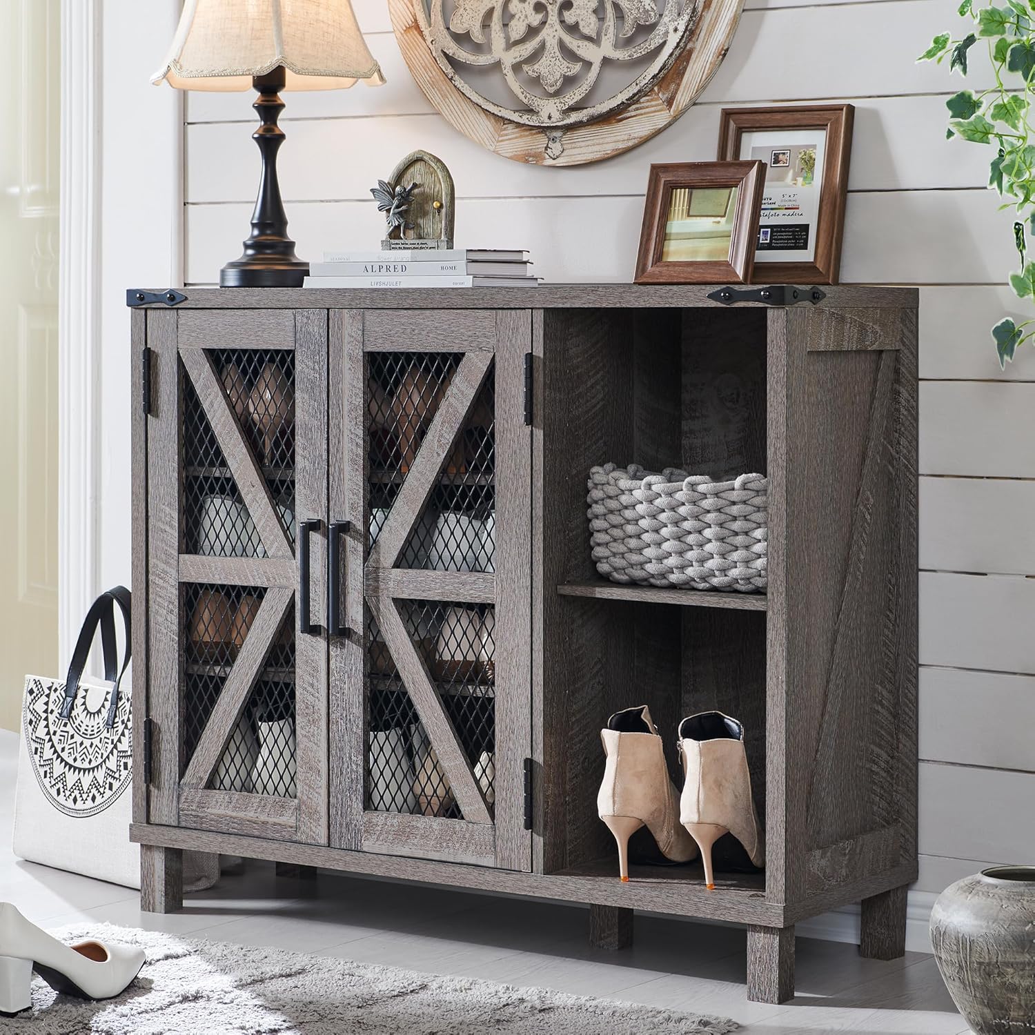 38" Wide Farmhouse Shoe Cabinet with Mesh Doors and Shelves
