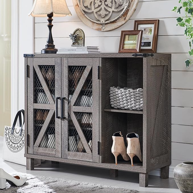 38" Wide Farmhouse Shoe Cabinet with Mesh Doors and Shelves
