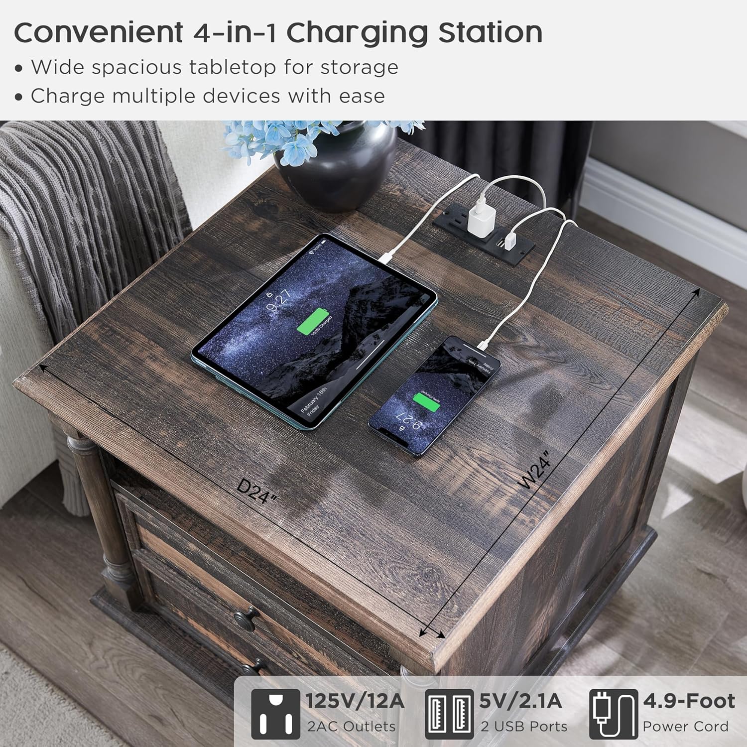 Farmhouse End Table with Charging Station & Solid Wood Feet