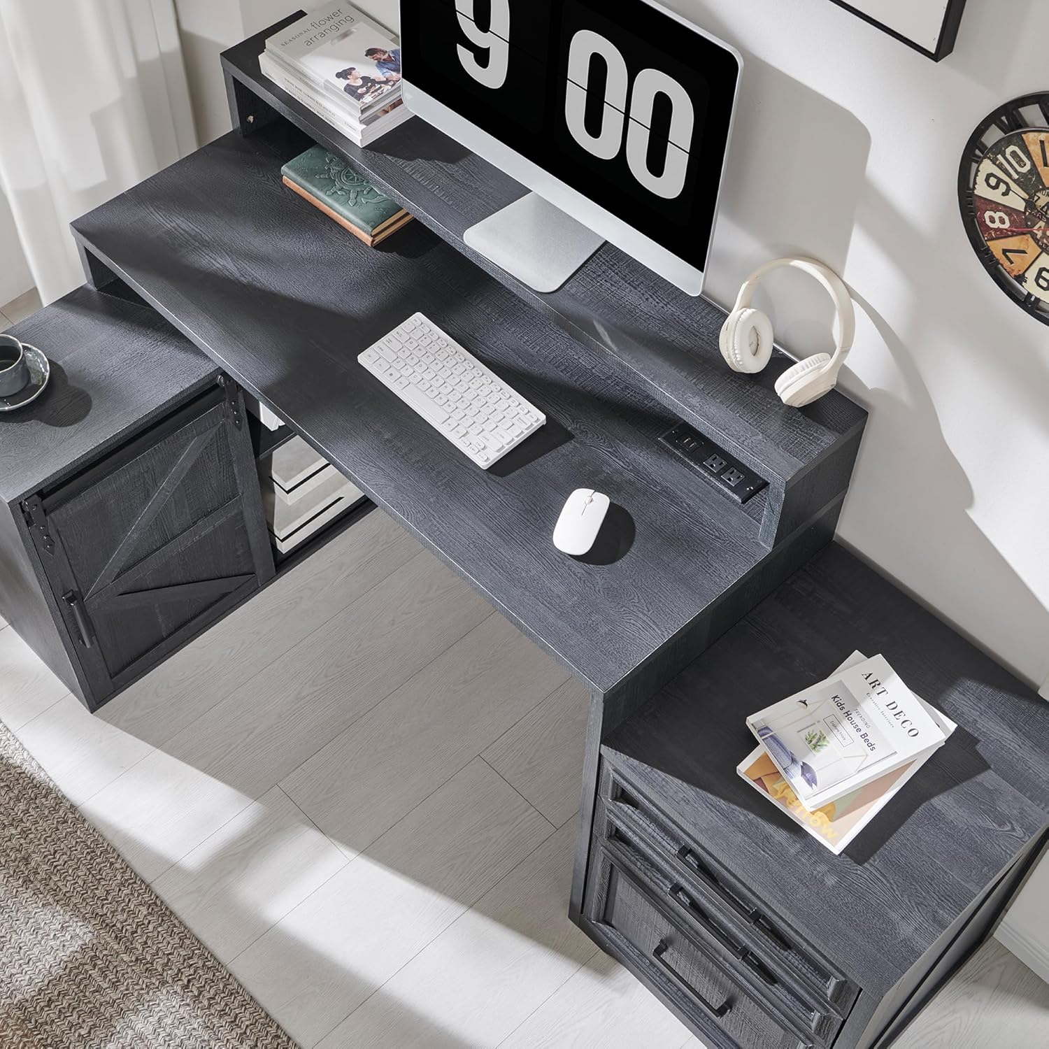 JXQTLINGMU 67 Inch Modern Farmhouse Computer Desk with File Cabinet