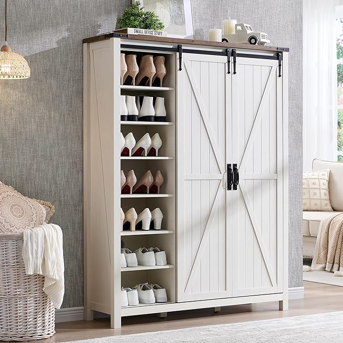 OKD: 7-Tier Antique White Farmhouse Shoe Storage Cabinet Organizer