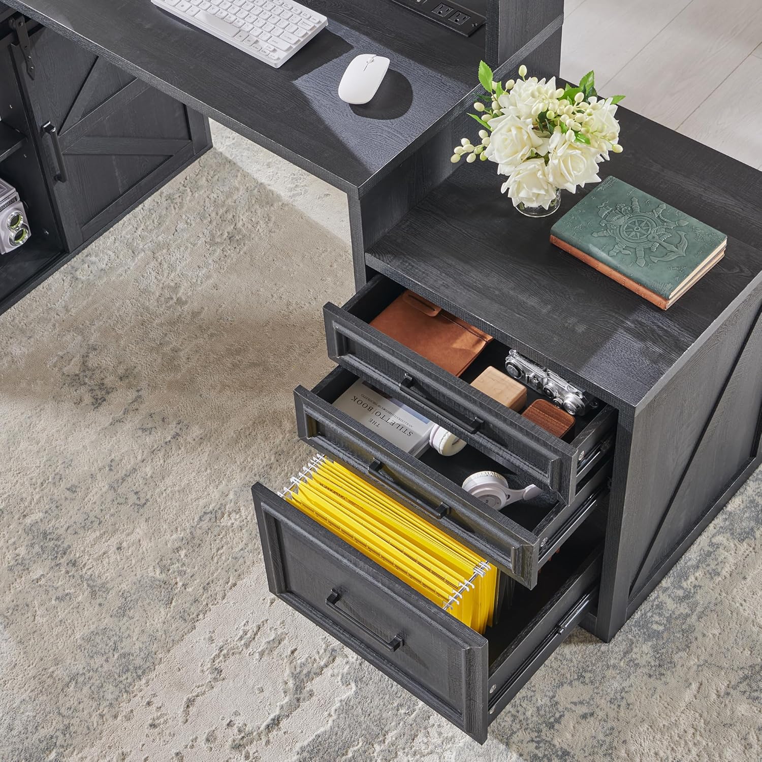 JXQTLINGMU 67 Inch Modern Farmhouse Computer Desk with File Cabinet