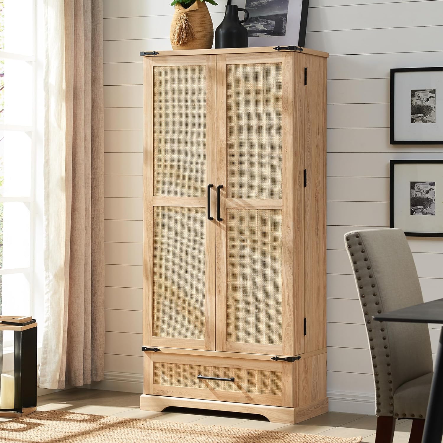 72" Farmhouse Kitchen Pantry Cabinet with Drawer, Barn Door Design