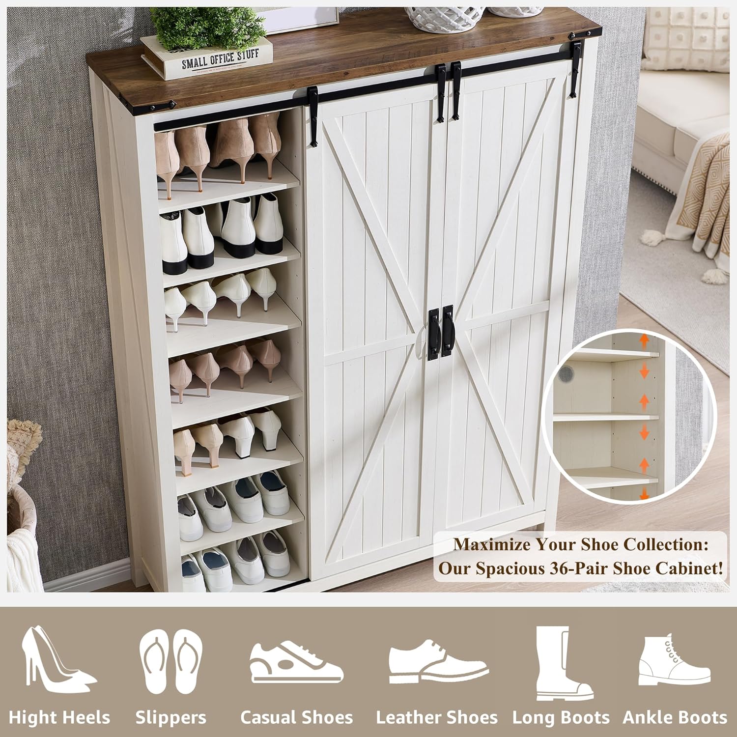 OKD: 7-Tier Antique White Farmhouse Shoe Storage Cabinet Organizer