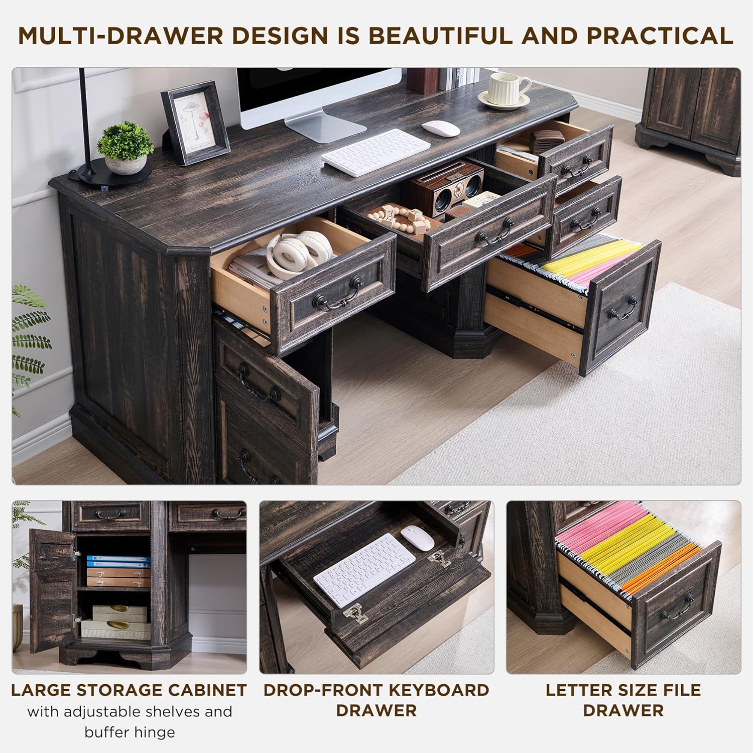 T4TREAM 59" Farmhouse Executive Desk with Drawers & Charging Station