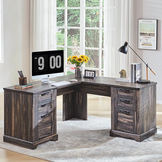 60" Farmhouse L Shaped Desk with Charging Station and Drawers