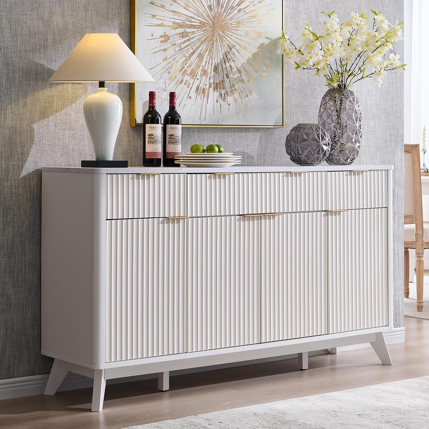 OKD 60" White Fluted Buffet Sideboard Cabinet with Storage
