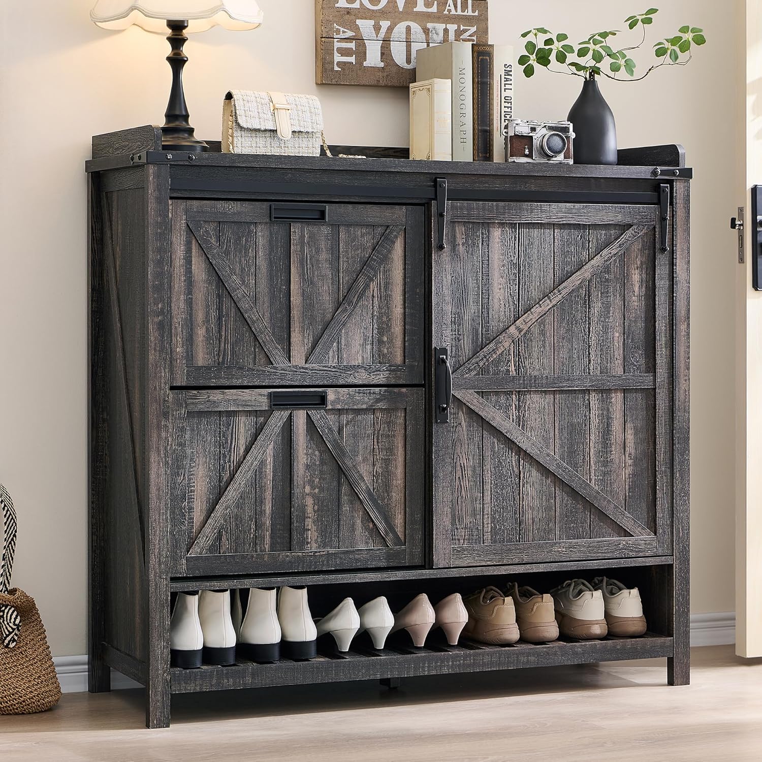 Farmhouse Shoe Storage Cabinet - 2 Flip Drawers and Sliding Door