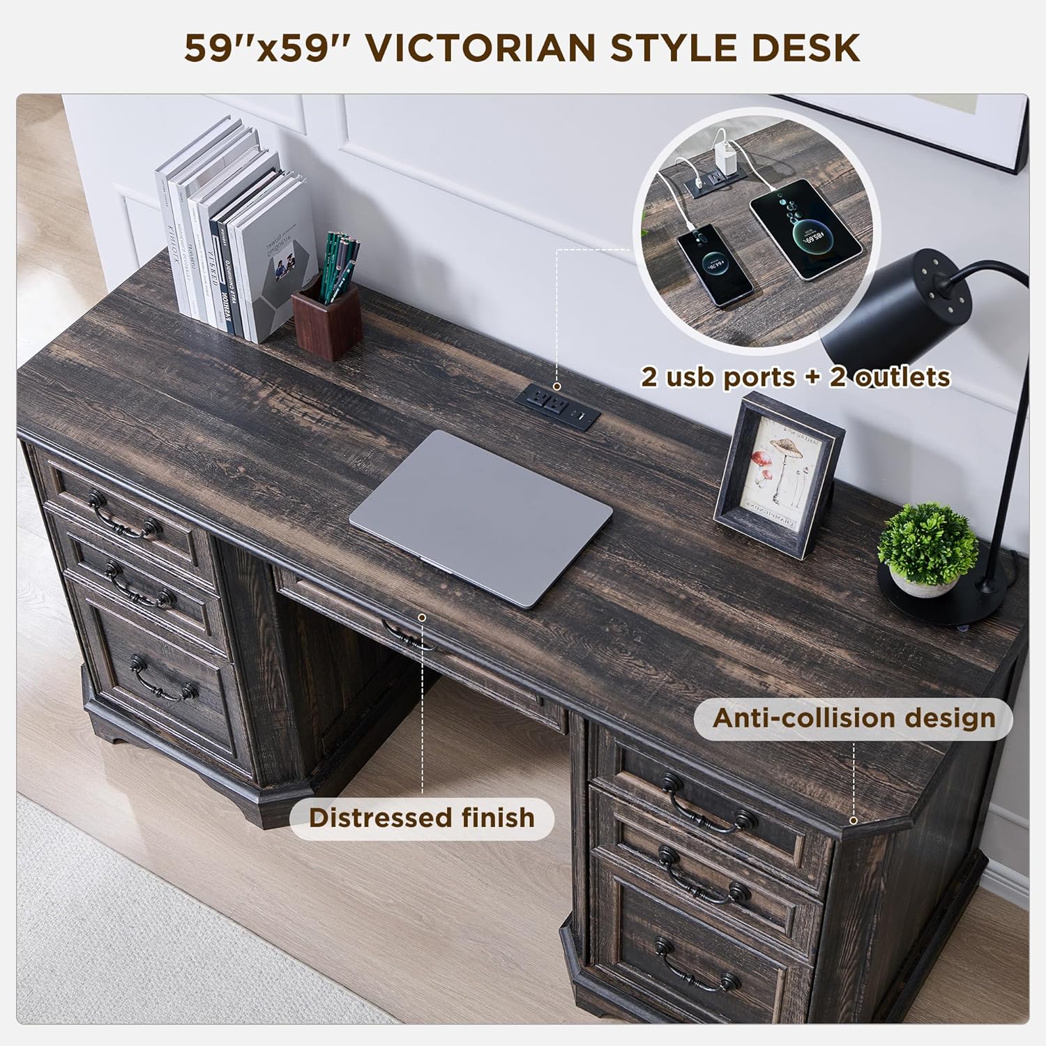 T4TREAM 59" Farmhouse Executive Desk with Drawers & Charging Station