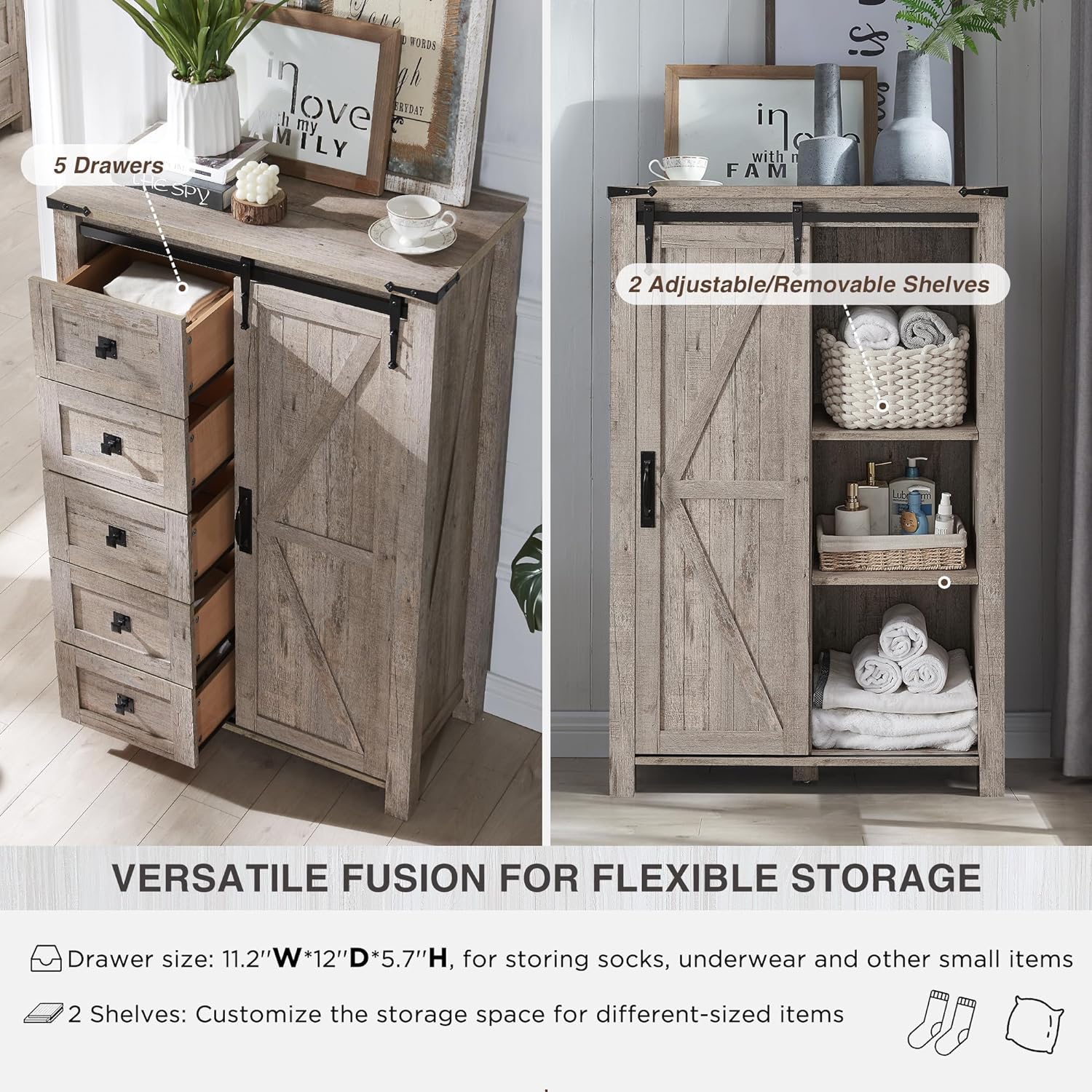 T4TREAM 5 Drawer Farmhouse Dresser with Sliding Barn Door