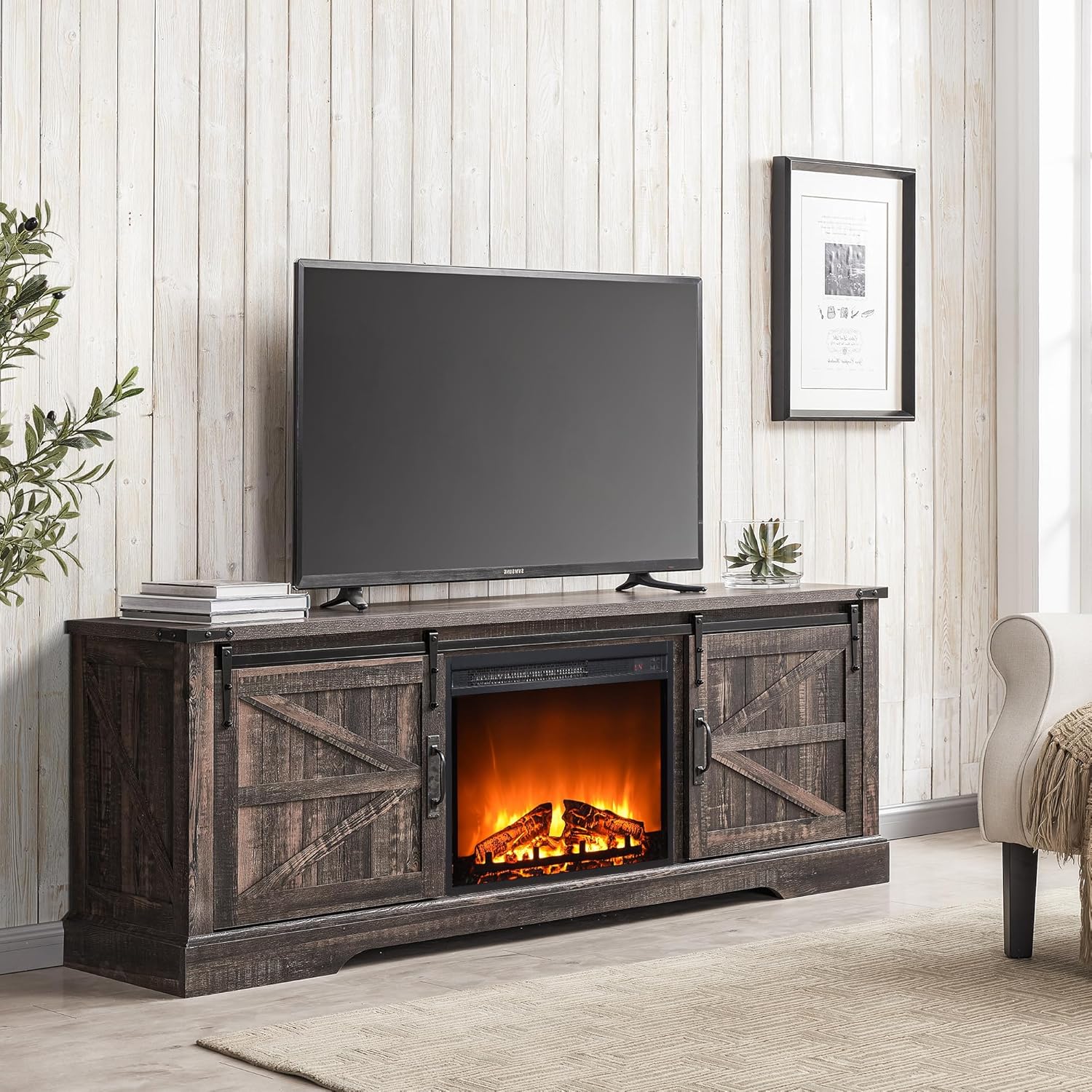 OKD 66 Inch Farmhouse Fireplace TV Stand for 75 Inch TV
