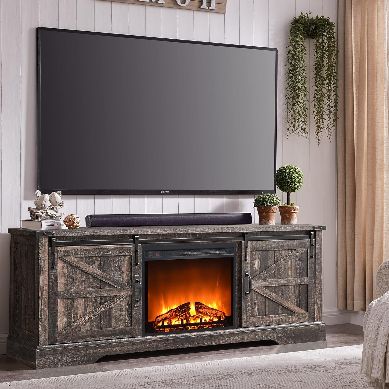 OKD 66 Inch Farmhouse Fireplace TV Stand for 75 Inch TV