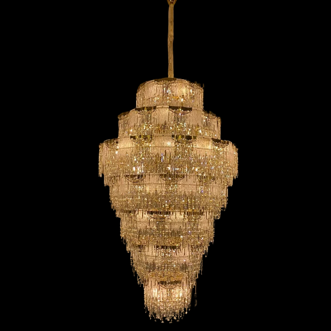 Luster Gaze Grand Tiered Crystal Chandelier - dramatic American stairwell with soaring ceiling