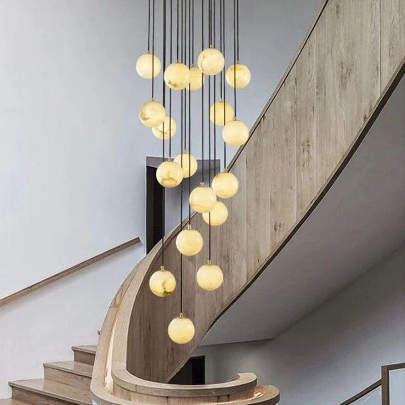 Alabaster Global Pendant Chandelier For Staircase, Spiral Global Pendant
