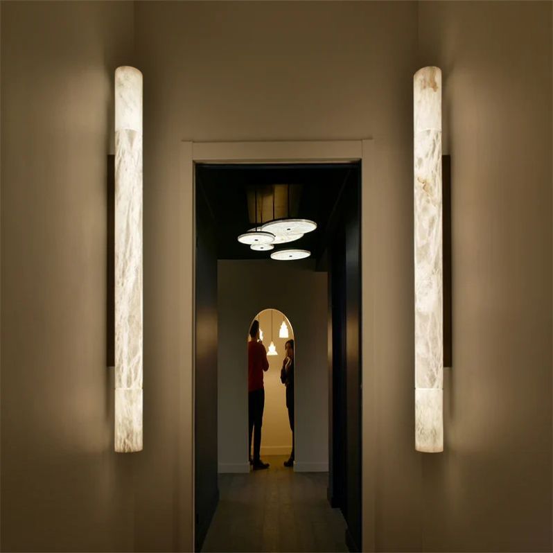Luster Gaze Alabaster Aura Round Wall Sconce - dramatic American stairwell with soaring ceiling