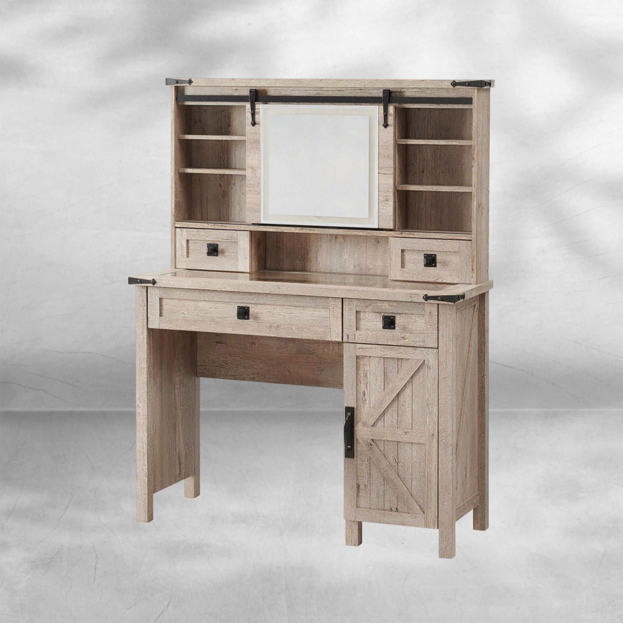 Farmhouse Makeup Vanity Desk with Sliding Mirror and Lights