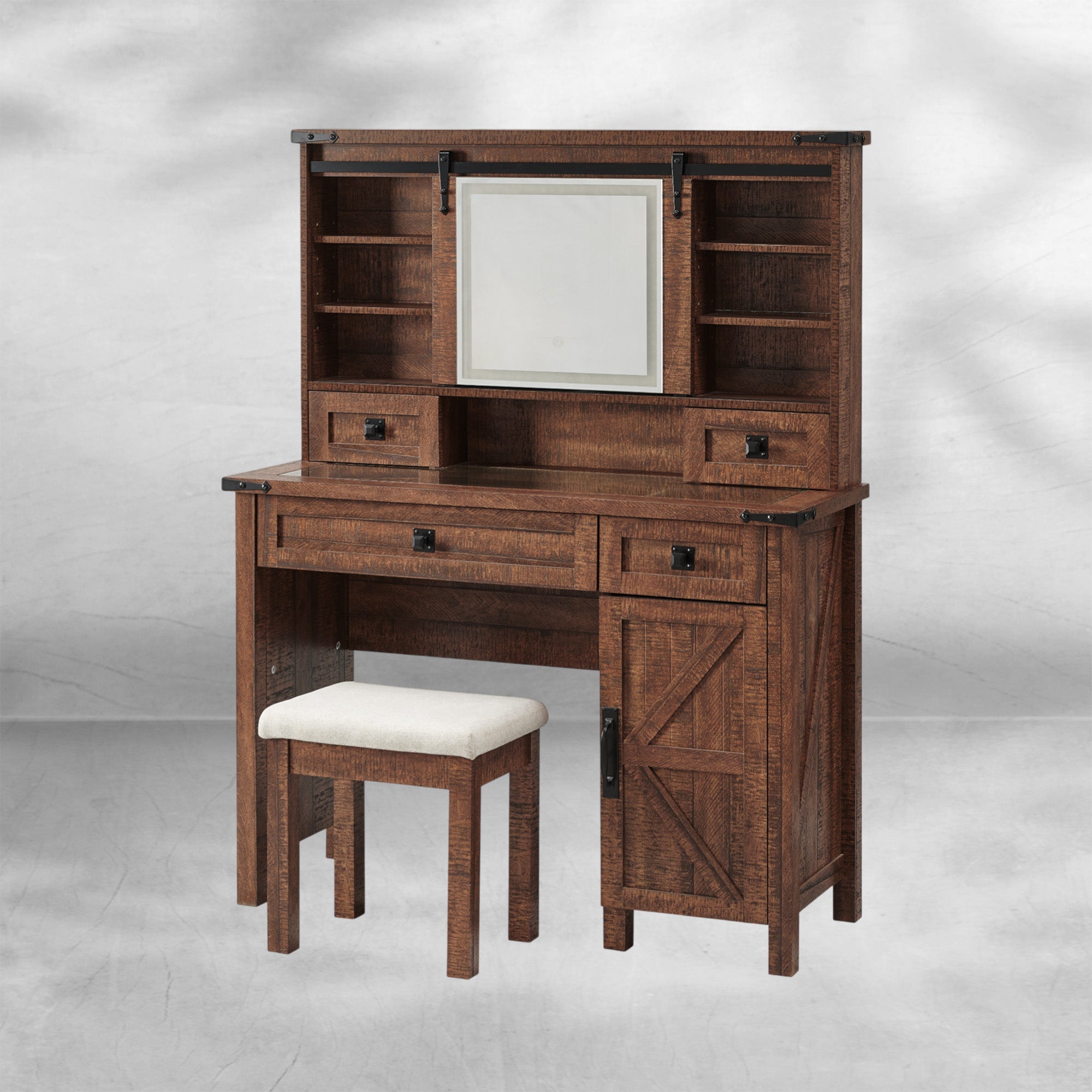 Farmhouse Makeup Vanity Desk with Sliding Mirror and Lights